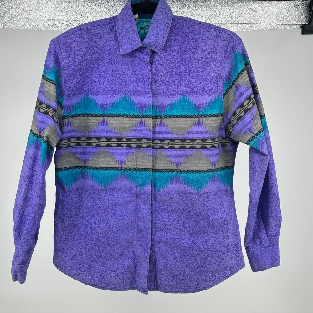 Women’s Vintage Roper Western Shirt Teal Purple 90’s‎ 100% Cotton